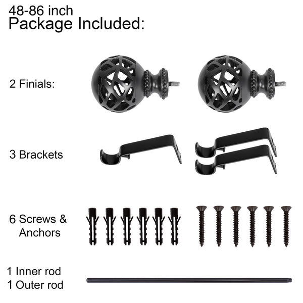 LOFT97 D122/4/8XX Wall Mounted 3/4 Inch Curtain Rod - Curtain Rods For Windows, Adjustable Drapery Rods, Curtain Rods, Bedroom & Living Room Decorative Curtain Rods, Tapestry Poles, Black