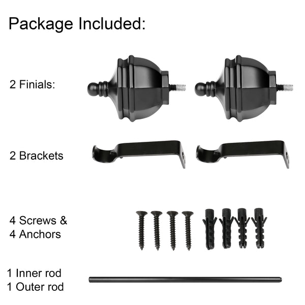 Loft97 D62Z Curtain Rod with Decorative Urn Finial, 28-48", Black