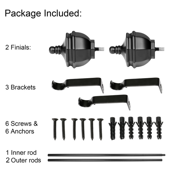 Loft97 D68Z Curtain Rod with Decorative Urn Finial, 86-120", Black
