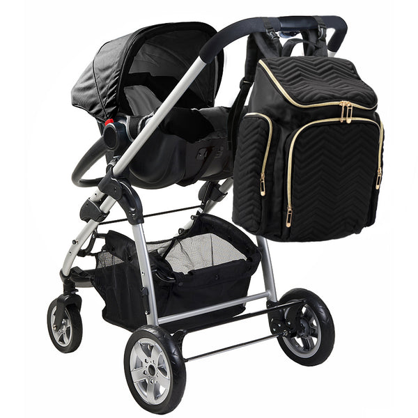 Loft97 Textured Chevron Baby Diaper Bag, Waterproof with Changing Mat, Pockets, and Stroller Straps, Black
