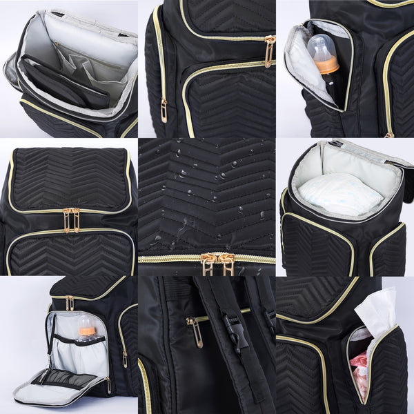 Loft97 Textured Chevron Baby Diaper Bag, Waterproof with Changing Mat, Pockets, and Stroller Straps, Black