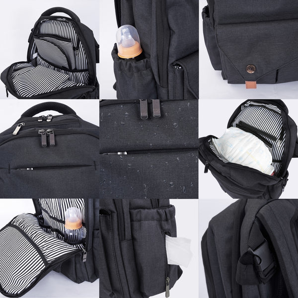 Loft97 Waterproof Baby Diaper Bag with Changing Mat, Pockets, and Stroller Straps, Black