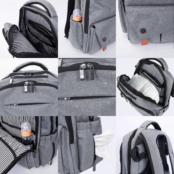 Loft97 Waterproof Baby Diaper Bag with Changing Mat, Pockets, and Stroller Straps, Gray