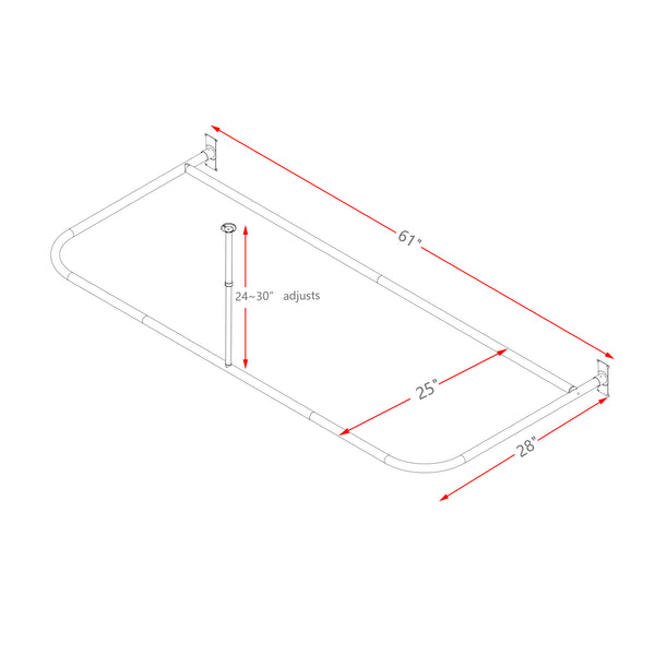 Loft97 DR1XX Rustproof Wall Mounted Aluminum D-shape Shower Rod With Ceiling Support for Freestanding Tubs, 60 Inch Large Size by 25 Inch