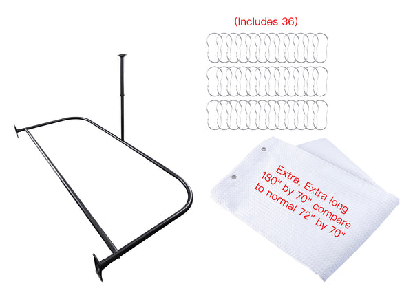 Loft97 DR9XX Rustproof Wall Mounted Aluminum D-shape Shower Curtain Rods With Ceiling Support for Freestanding Tubs, 60 Inch Large Size by 25 Inch, with White Shower curtain 180x70 inch