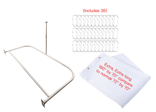 Loft97 DR9XX Rustproof Wall Mounted Aluminum D-shape Shower Curtain Rods With Ceiling Support for Freestanding Tubs, 60 Inch Large Size by 25 Inch, with White Shower curtain 180x70 inch