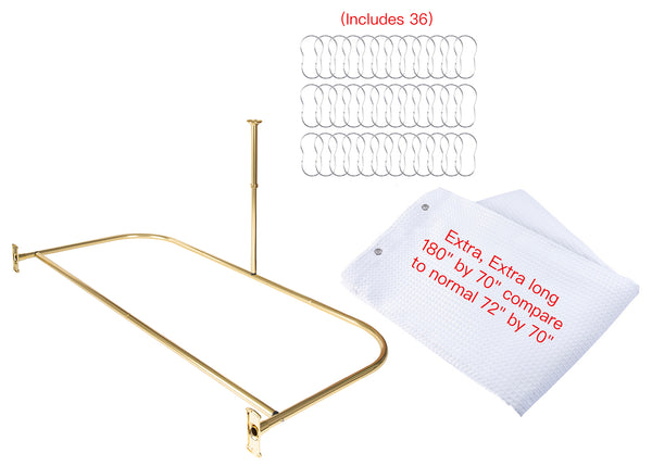 Loft97 DR9XX Rustproof Wall Mounted Aluminum D-shape Shower Curtain Rods With Ceiling Support for Freestanding Tubs, 60 Inch Large Size by 25 Inch, with White Shower curtain 180x70 inch