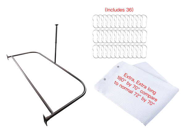 Loft97 DR9XX Rustproof Wall Mounted Aluminum D-shape Shower Curtain Rods With Ceiling Support for Freestanding Tubs, 60 Inch Large Size by 25 Inch, with White Shower curtain 180x70 inch