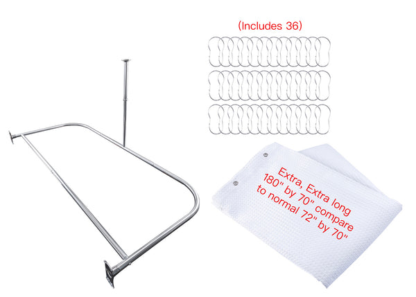 Loft97 DR9XX Rustproof Wall Mounted Aluminum D-shape Shower Curtain Rods With Ceiling Support for Freestanding Tubs, 60 Inch Large Size by 25 Inch, with White Shower curtain 180x70 inch