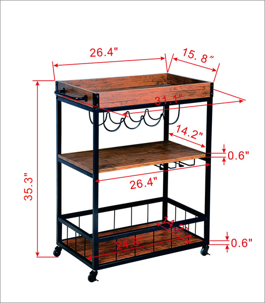 Loft97 FT71WD Rustic, Industrial Bar Cart with Removable Top Tray and Wine Bottle Holder, Space Saving Design