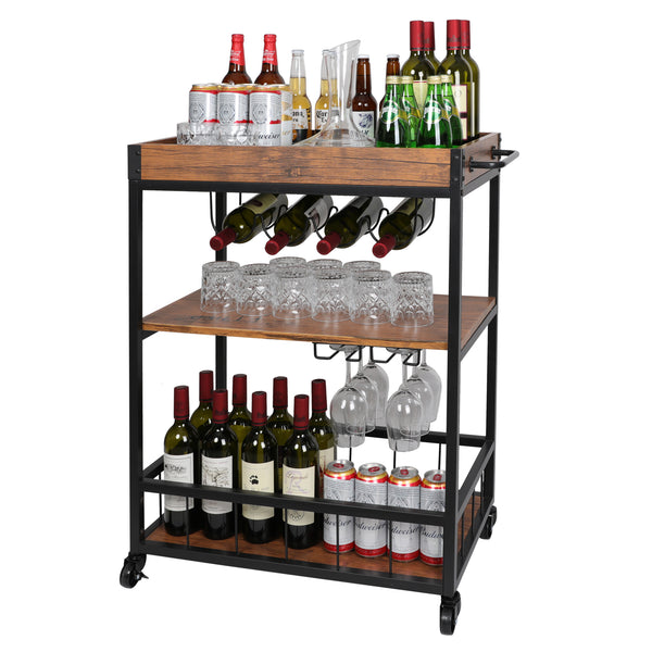 Loft97 FT71WD Rustic, Industrial Bar Cart with Removable Top Tray and Wine Bottle Holder, Space Saving Design