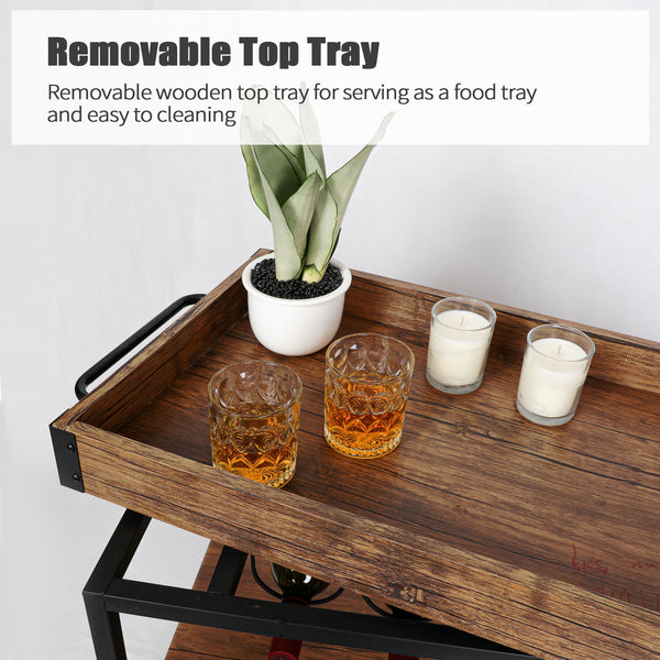 Loft97 FT71WD Rustic, Industrial Bar Cart with Removable Top Tray and Wine Bottle Holder, Space Saving Design