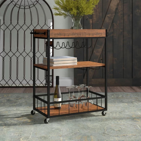 Loft97 FT71WD Rustic, Industrial Bar Cart with Removable Top Tray and Wine Bottle Holder, Space Saving Design