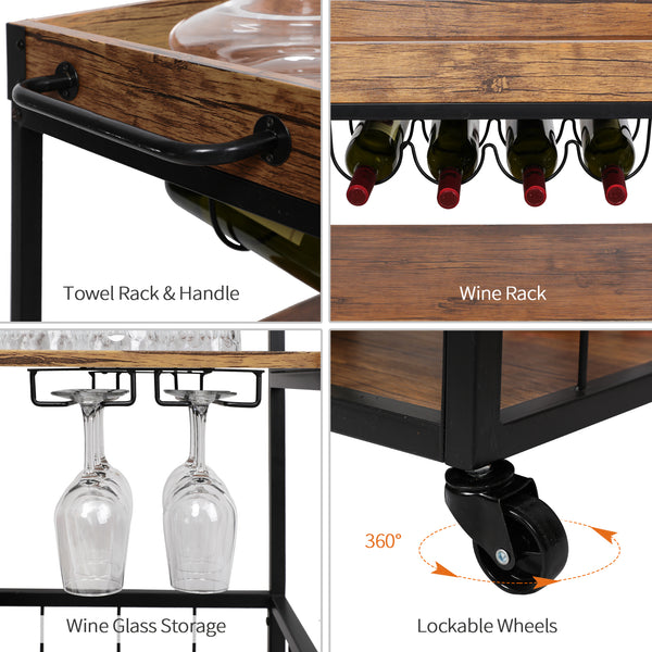 Loft97 FT71WD Rustic, Industrial Bar Cart with Removable Top Tray and Wine Bottle Holder, Space Saving Design