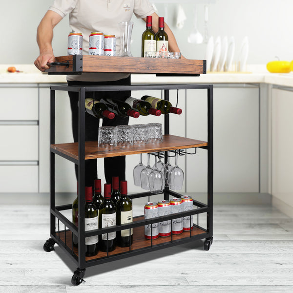 Loft97 FT71WD Rustic, Industrial Bar Cart with Removable Top Tray and Wine Bottle Holder, Space Saving Design