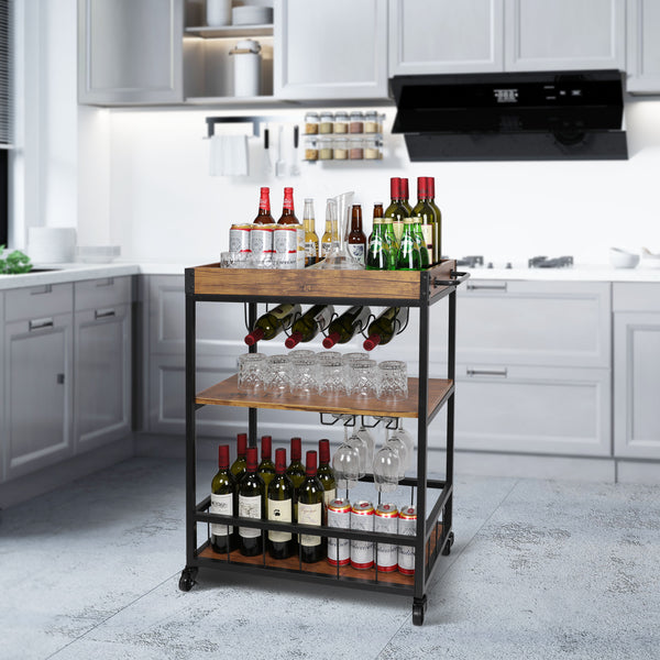 Loft97 FT71WD Rustic, Industrial Bar Cart with Removable Top Tray and Wine Bottle Holder, Space Saving Design
