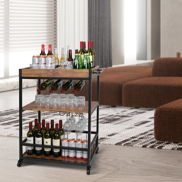 Loft97 FT71WD Rustic, Industrial Bar Cart with Removable Top Tray and Wine Bottle Holder, Space Saving Design
