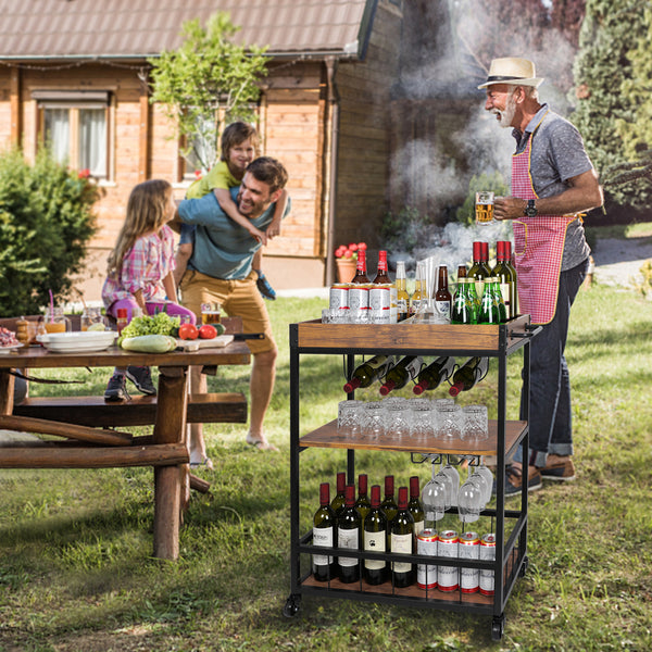 Loft97 FT71WD Rustic, Industrial Bar Cart with Removable Top Tray and Wine Bottle Holder, Space Saving Design
