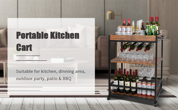 Loft97 FT71WD Rustic, Industrial Bar Cart with Removable Top Tray and Wine Bottle Holder, Space Saving Design