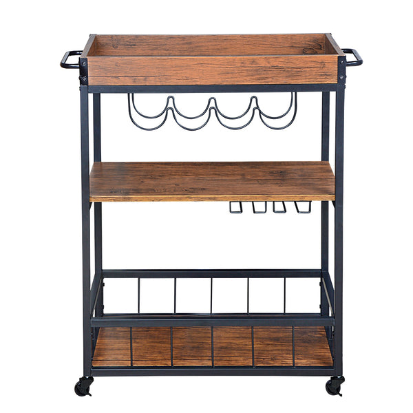 Loft97 FT71WD Rustic, Industrial Bar Cart with Removable Top Tray and Wine Bottle Holder, Space Saving Design