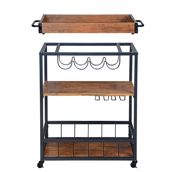 Loft97 FT71WD Rustic, Industrial Bar Cart with Removable Top Tray and Wine Bottle Holder, Space Saving Design