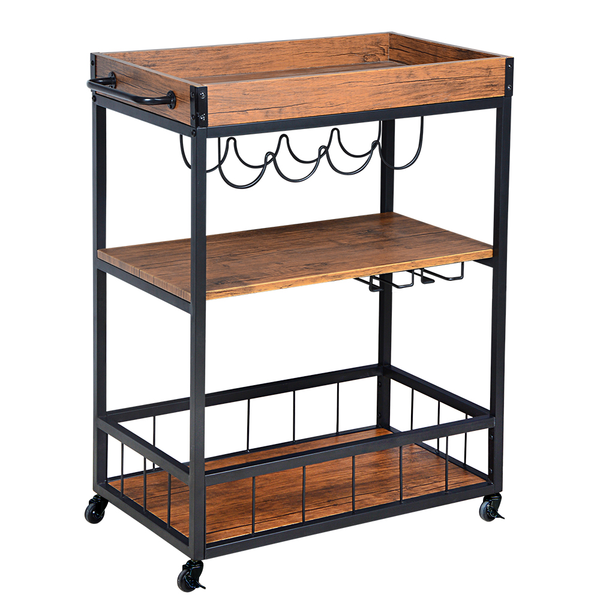 Loft97 FT71WD Rustic, Industrial Bar Cart with Removable Top Tray and Wine Bottle Holder, Space Saving Design