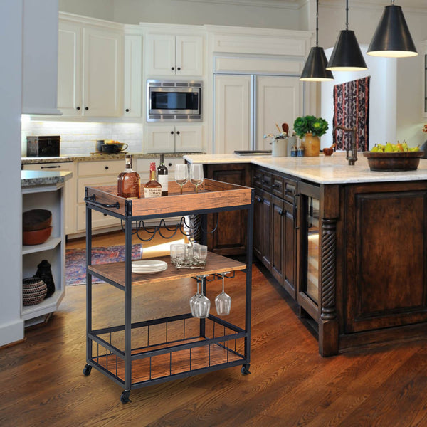 Loft97 FT71WD Rustic, Industrial Bar Cart with Removable Top Tray and Wine Bottle Holder, Space Saving Design