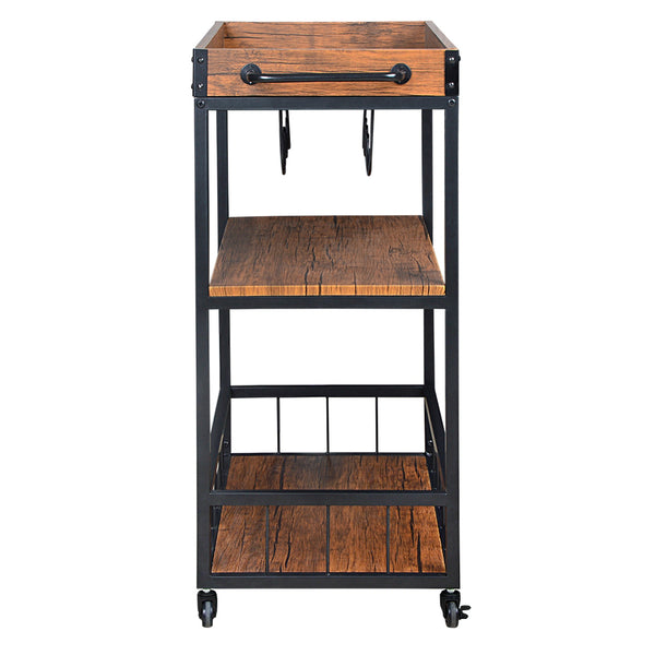 Loft97 FT71WD Rustic, Industrial Bar Cart with Removable Top Tray and Wine Bottle Holder, Space Saving Design