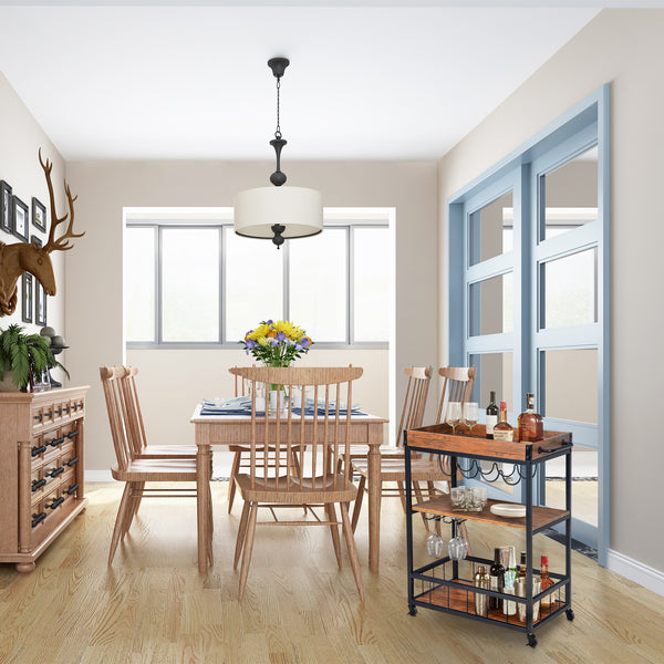 Loft97 FT71WD Rustic, Industrial Bar Cart with Removable Top Tray and Wine Bottle Holder, Space Saving Design