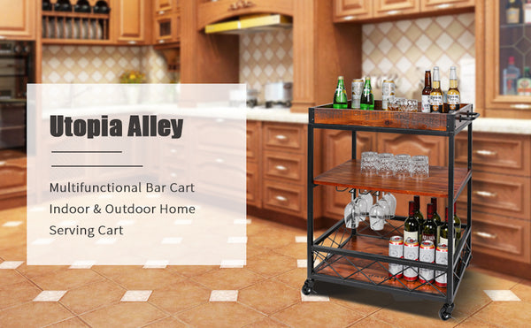 Loft97 FT72WD Rustic, Industrial Bar Cart with Removable Top Tray, Space Saving Design
