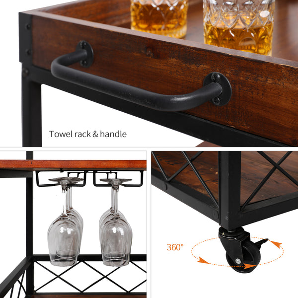 Loft97 FT72WD Rustic, Industrial Bar Cart with Removable Top Tray, Space Saving Design