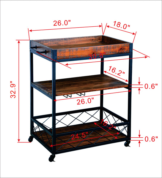 Loft97 FT72WD Rustic, Industrial Bar Cart with Removable Top Tray, Space Saving Design