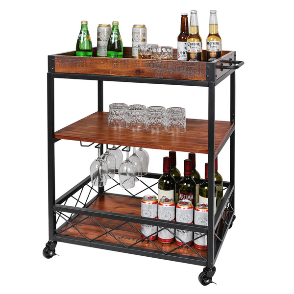 Loft97 FT72WD Rustic, Industrial Bar Cart with Removable Top Tray, Space Saving Design