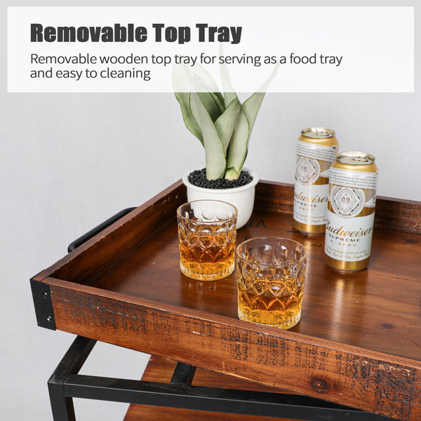 Loft97 FT72WD Rustic, Industrial Bar Cart with Removable Top Tray, Space Saving Design