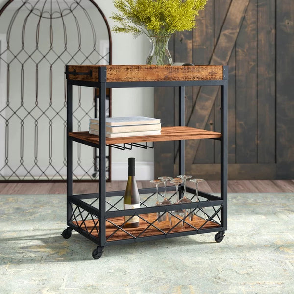 Loft97 FT72WD Rustic, Industrial Bar Cart with Removable Top Tray, Space Saving Design