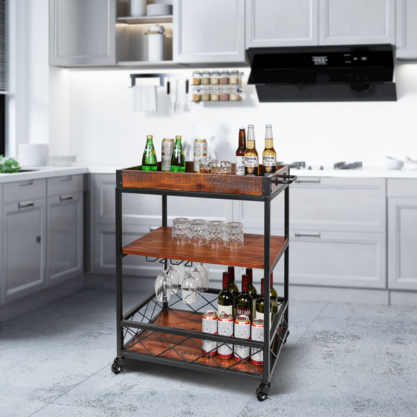 Loft97 FT72WD Rustic, Industrial Bar Cart with Removable Top Tray, Space Saving Design