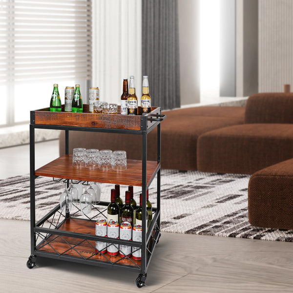 Loft97 FT72WD Rustic, Industrial Bar Cart with Removable Top Tray, Space Saving Design