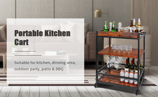 Loft97 FT72WD Rustic, Industrial Bar Cart with Removable Top Tray, Space Saving Design