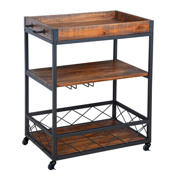 Loft97 FT72WD Rustic, Industrial Bar Cart with Removable Top Tray, Space Saving Design