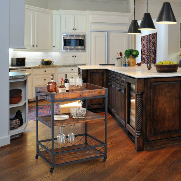 Loft97 FT72WD Rustic, Industrial Bar Cart with Removable Top Tray, Space Saving Design