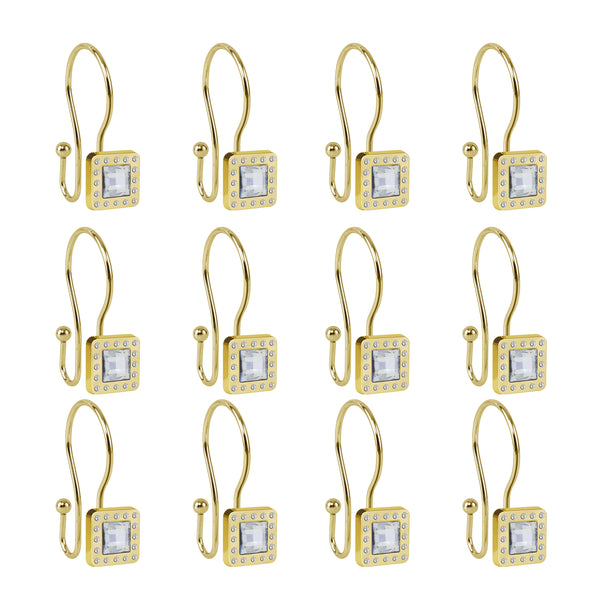 Loft97 HK22XX Shower Hooks - Double Shower Curtain Rings for Bathroom - Rust Resistant Shower Curtain Hooks for Shower Curtain or Liner - Shower Curtain Rings with Crystal Design - Set of 12