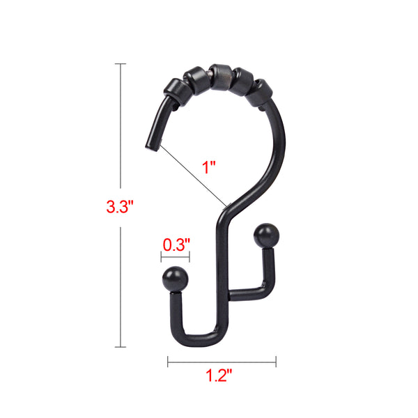 Loft97 HK3BK Shower Hooks - Double Shower Curtain Rings for Bathroom - Rust Resistant Shower Curtain Hooks for Shower Curtain or Liner -  Double Roller Shower Curtain Hooks - Set of 12, Matte Black