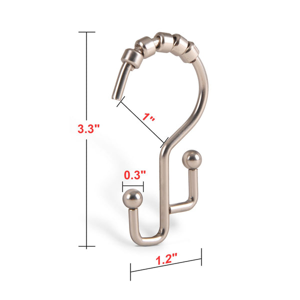 Loft97 HK3BN Shower Hooks - Double Shower Curtain Rings for Bathroom - Rust Resistant Shower Curtain Hooks for Shower Curtain or Liner -  Double Roller Shower Curtain Hooks - Set of 12, Brushed Nickel
