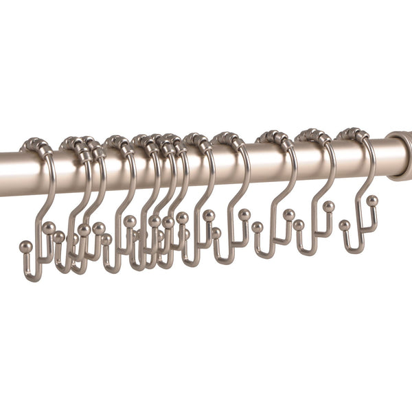 Loft97 HK3BN Shower Hooks - Double Shower Curtain Rings for Bathroom - Rust Resistant Shower Curtain Hooks for Shower Curtain or Liner -  Double Roller Shower Curtain Hooks - Set of 12, Brushed Nickel
