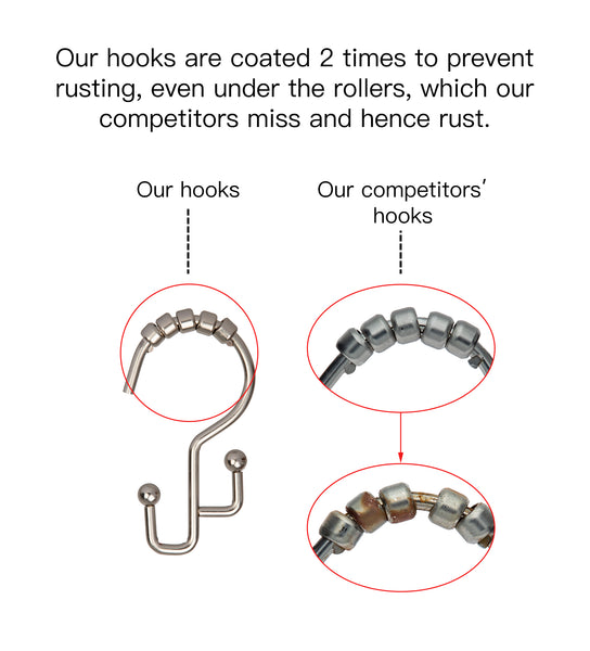 Loft97 HK3BN Shower Hooks - Double Shower Curtain Rings for Bathroom - Rust Resistant Shower Curtain Hooks for Shower Curtain or Liner -  Double Roller Shower Curtain Hooks - Set of 12, Brushed Nickel