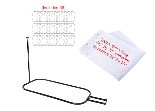 Loft97 HP10XX Rustproof Wall Mounted Aluminum Hoop Oval Shower Rod With Ceiling Support for Free Standing Clawfoot Tub, 54 Inch Extra Large Size by 26 Inch, with White Shower Curtain 180x70 inch