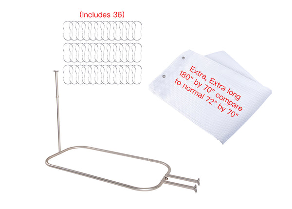 Loft97 HP9XX Rustproof Wall Mounted Aluminum Hoop Shower Rod With Ceiling Support for Clawfoot Tub, 45.7 Inch Size by 22 Inch, with White Shower Curtain 180x70 inch