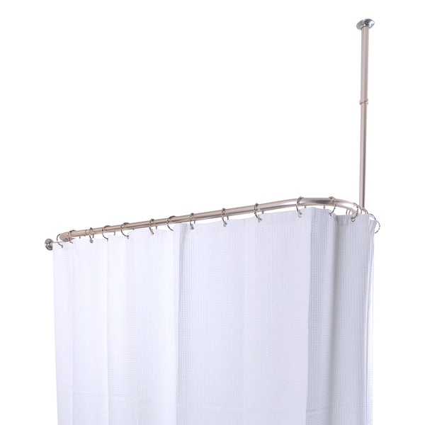 Loft97 HP9XX Rustproof Wall Mounted Aluminum Hoop Shower Rod With Ceiling Support for Clawfoot Tub, 45.7 Inch Size by 22 Inch, with White Shower Curtain 180x70 inch