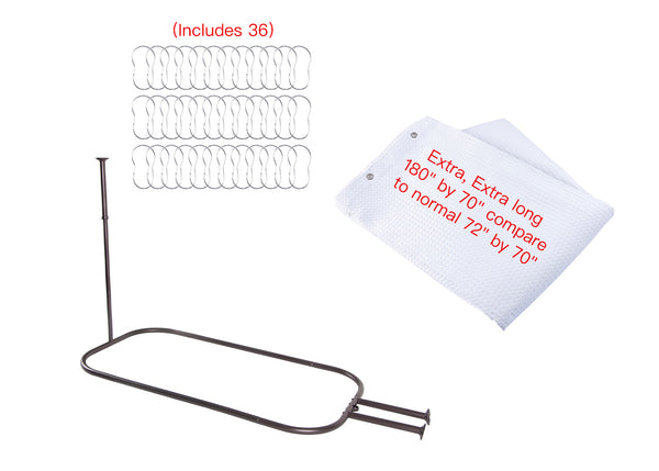 Loft97 HP9XX Rustproof Wall Mounted Aluminum Hoop Shower Rod With Ceiling Support for Clawfoot Tub, 45.7 Inch Size by 22 Inch, with White Shower Curtain 180x70 inch