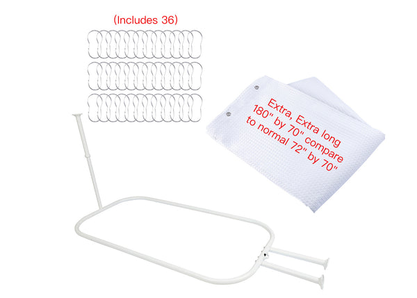 Loft97 HP9XX Rustproof Wall Mounted Aluminum Hoop Shower Rod With Ceiling Support for Clawfoot Tub, 45.7 Inch Size by 22 Inch, with White Shower Curtain 180x70 inch